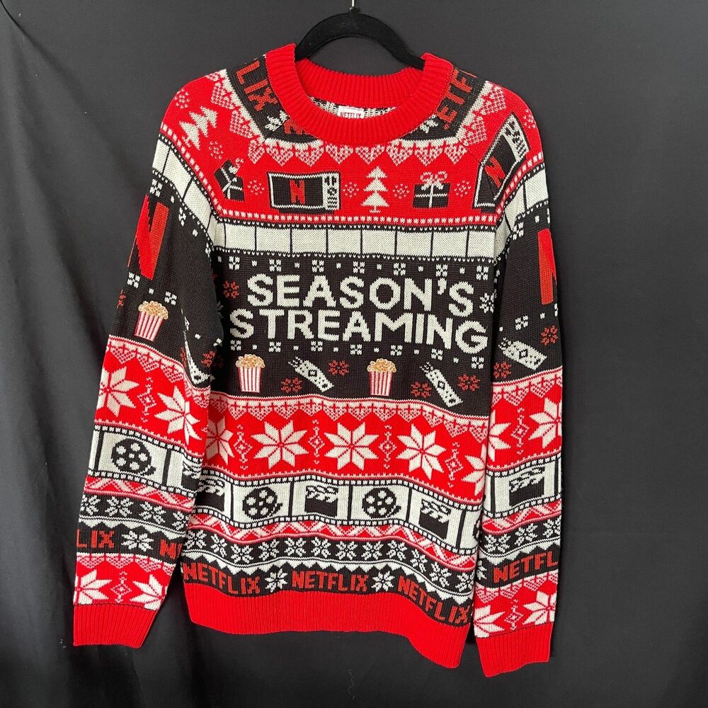 Netflix Seasons Streaming Ugly Christmas Sweater Embroidered Popcorn Large